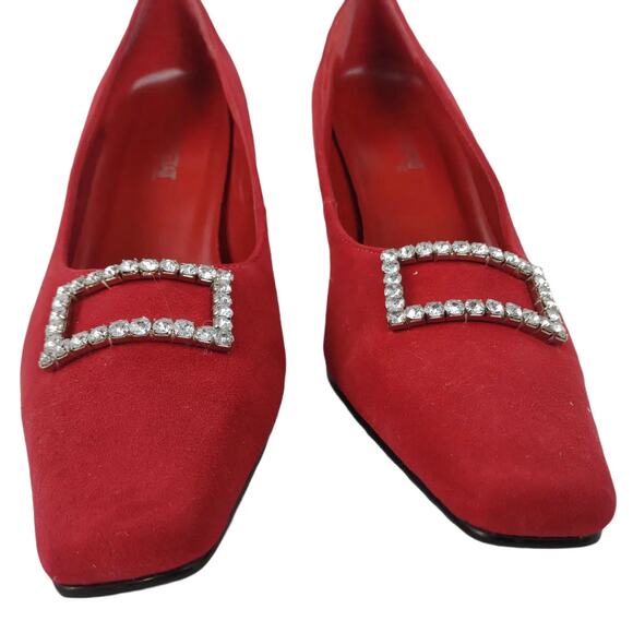 COUP D'ETAT Women's 8 Red Suede Leather 3" Heels, Rhinestone Pointed Square Toe - Picture 6 of 9